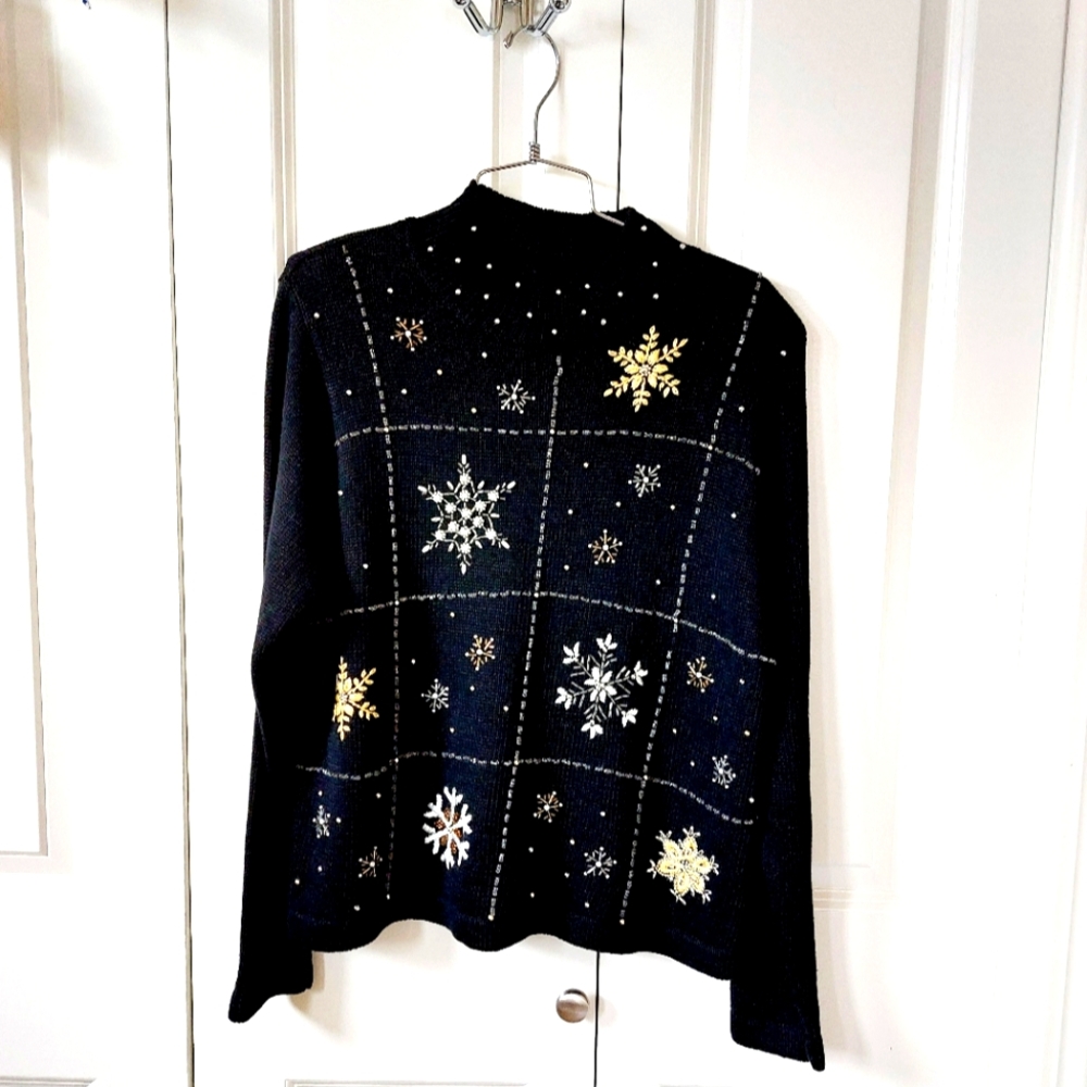 Silver & Gold Beaded Snowflakes on Black Christmas Sweater Mock Neck Vintage Med